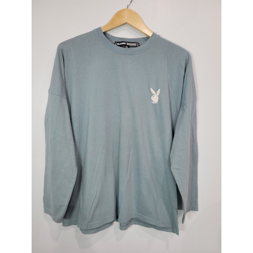 PLAYBOY X MISSGUIDED Long Sleeve T-Shirt Gray Crew Neck Cotton Blend Flaw‎